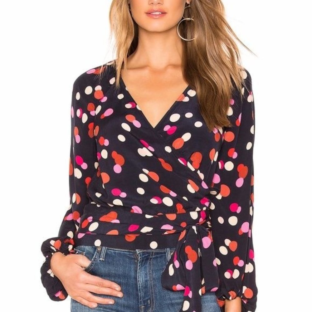 Lovers + Friends Polka Dot Wrap Blouse Balloon Sleeves, XXS, NWT - Picture 1 of 6